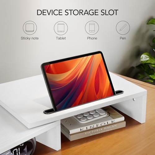 AMERIERGO Dual Monitor Stand Riser- 3 Shelf Screen Stand with Adjustable Length and Angle, 2 Extra Functional Slot Desktop Organizer Stand for PC