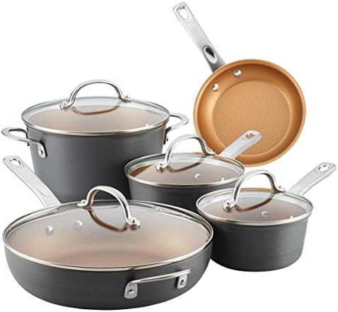 Ayesha Curry Kitchenware Ayesha Curry Home Collection Hard Anodized Nonstick Cookware Pots and Pans Set, 9 Piece, Charcoal Gray