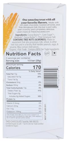 Theo Chocolate Salted Almond Organic Dark Chocolate Bar, 70% Cacao, 12 Pack | Vegan, Fair Trade