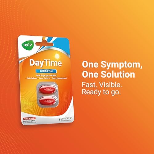 AXIV Daytime Multi-Symptom, Daytime Cold and Flu Relief Softgels, Non-Drowsy Cold Medicine, Relief of Pain, Sore Throat, Minor Aches and Pains, Fever, Cough, 24 Count