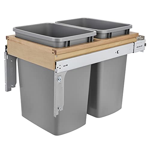 Rev-A-Shelf Double Top-Mount Pullout Trash Can, Min Opening 15" W, 35 Qt | Under Kitchen Cabinet Large Capacity Waste/ Recycling Containers, 150 Lbs Rated Full-Extension Slides, 4WCTM-18BBSCDM2 Silver