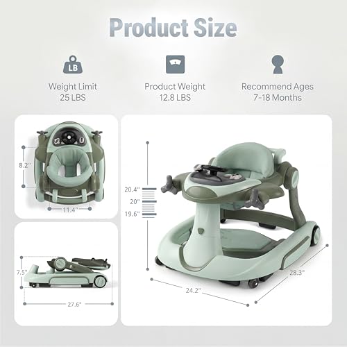 7 in 1 Foldable Baby Walker, Rock/Push Mode/Activity Center, Green | Adjustable Height & Speed, Music, Lights, Footrest, Detachable Play Toy Panel, Walker with Wheels for Infants 7-18 Months