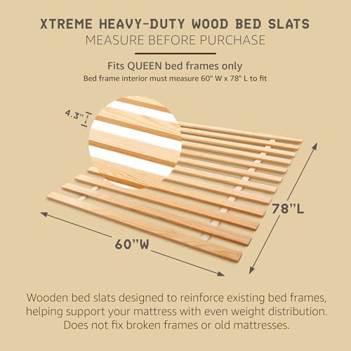 Hercules Xtreme Bed Frame Support Slats, Heavy-Duty Solid Pine Wood | Bunkie Board Under Bed-Support, Wooden Support Board for Sagging, Queen Size