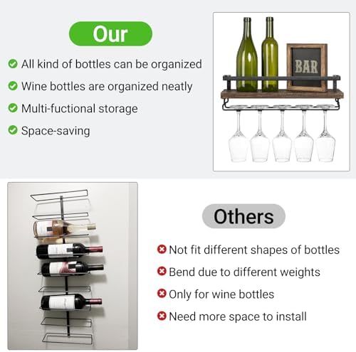 Mkono Wall Mounted Wine Rack Set of 2 Wood Rustic Wine Bottle Glass Floating Shelves with Stemware Hanger Modern Plants Photos Wine Display Storage