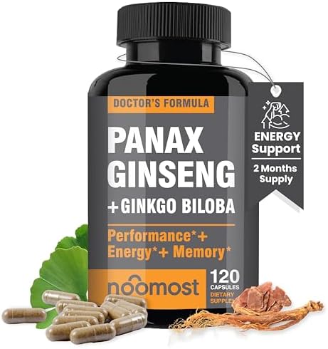 Authentic Korean Red Panax Ginseng + Ginkgo Biloba, 120 Vegan Capsules, Ginseng Root Extract Powder 1000mg (10% Ginsenosides) + Gingko Biloba 60mg