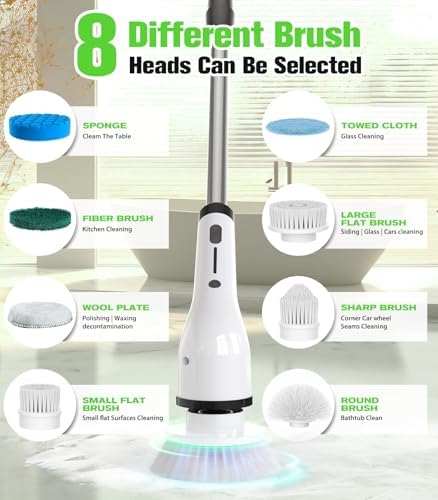 Electric Spin Scrubber, 3-Speed Flat End Brush with 8 Brush Heads & Base, IPX7 Waterproof, Adjustable Long Handle, Digital Display, 2500mAh Fast Charging, for Bathroom, Tub, Tile, Floor