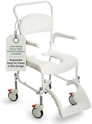 Etac Clean 24" Self-Propelled Shower Chair with Wheels - 21 3/4 Inch Fixed Height with 24 Inch Rear Wheels - Shower Wheelchair for Elderly and Disabled - Movable Armrest & Ergonomic Footrest