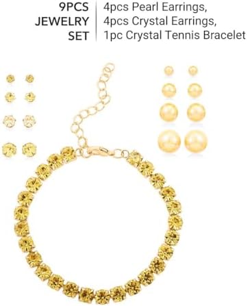 9 Piece Set Golden Shell Pearl Crystal Steel Earrings Bracelet Set 7.5-9.5"