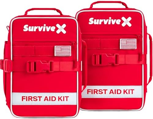 SurviveX Large First Aid Kit, Labeled Pockets, Zip Stitch Wound Closures | Close wounds without stitches, quickly find what you need, first aid emergency kit for car, home, travel, camping, outdoors