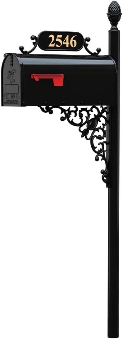 Oak Black Mailbox with Decorative Post Kit | Rust-resistant black metal mailbox includes personalized house numbers, decorative bracket