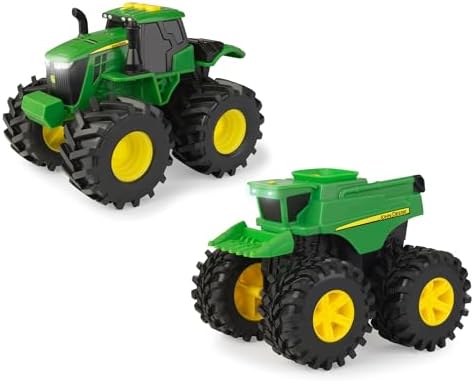 TOMY Monster Treads Monster Truck Toys - John Deere Tractor and Combine 2-Pack with Lights and Sounds - John Deere Toys with Durable Bouncy Tires