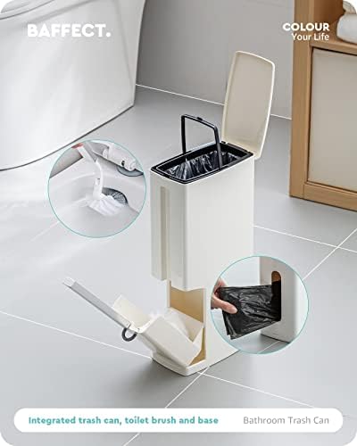 Baffect 2 Liter White Slim Bathroom Trash Can with Lid and Toilet Brush Holder | RV Small Bathroom Trash Bin With Hidden Long Handle Toilet Rim Brush