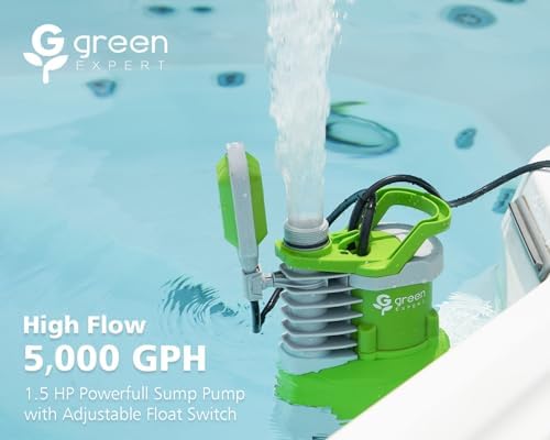 Green Expert 1.5HP Submersible Sump Pump High Flow 5000GPH 25ft Power Cord Manual Automatic On/Off for Water Removal from Basement Sump Pit Pools