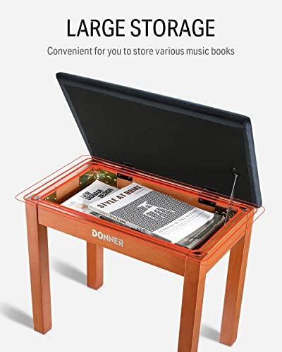Donner Piano Bench with Storage, Solid Wood Keyboard Bench Piano Bookcase Stool Chair Seat with High-Density Sponges Pad, Black