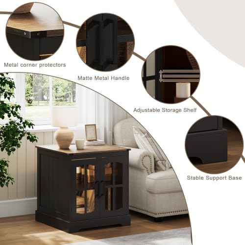 ChooChoo Farmhouse End Table with Charging Station & LED Light | Large Sofa Side Table, Rustic Square Nightstand, Glass Barn Door, Bedside Table, Storage, Living Room, Black