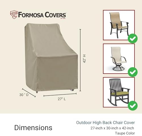 Formosa Covers | Outdoor Patio High Back, Rocking, Swivel Chair Cover Stackable Dining Seat Protection Secure Fastener Strips | 27" W x 30" D x 42" H (Taupe)