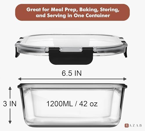 Razab 2 PC 1200ML / 41 Oz Glass Food Storage Containers with Lids - Airtight & Leakproof - Microwave/Oven/Freezer Safe - BPA Free - Ideal for Meal