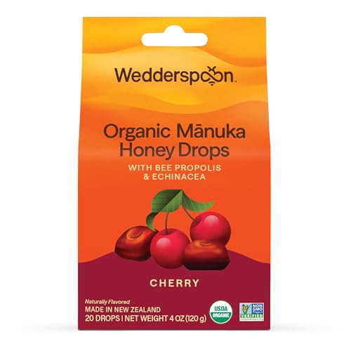 Wedderspoon Organic Manuka Honey Drops, Honey & Echinacea, 20 Count | USDA Organic | Genuine New Zealand Honey, Natural Remedy for Dry Throat | USDA Organic, Genuine New Zealand Honey, Natural Remedy for Dry Throat