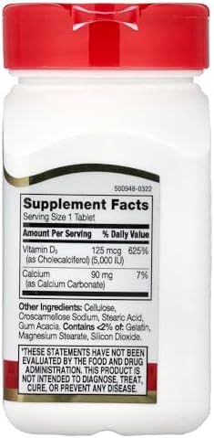 21st Century Vitamin D3 5000 IU Tablets, High Potency, 110 Count | High-Potency Vitamin D3 5000 IU Tablets, Bone Health & Immune System Support, Helps with Calcium Absorption, Gluten Free
