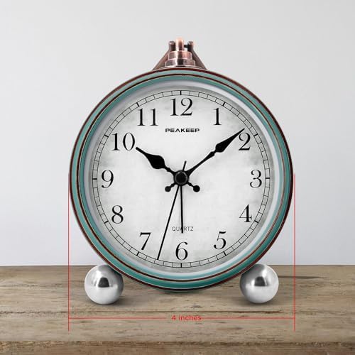 Peakeep 4" Small Battery Operated Analog Alarm Clock, Antique Retro Style