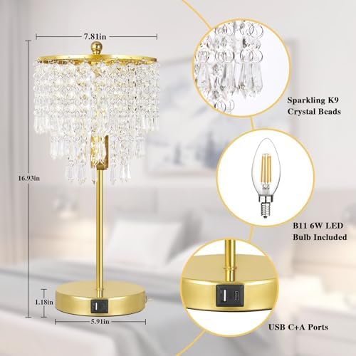 Touch Control Crystal Table Lamp with USB C+A Charging Ports, 3-Way Dimmable Bedside Touch Lamp Decorative Nightstand Lamp with Elegant Lampshade for Living Room Bedroom, B11 LED Bulb Included