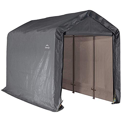 ShelterLogic 10' x 10' Shed-in-a-Box All Season Steel Metal Round Roof Outdoor Storage Shed with Waterproof Cover and Heavy Duty Reusable Auger Anchors, grey