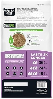 World's Best Cat Litter, Lavender Scented, Long-Lasting Odor Control, 15 lb | Controls multi-cat odors with a calming lavender scent; natural corn litter, quick clumping, flushable, 99% dust free formula