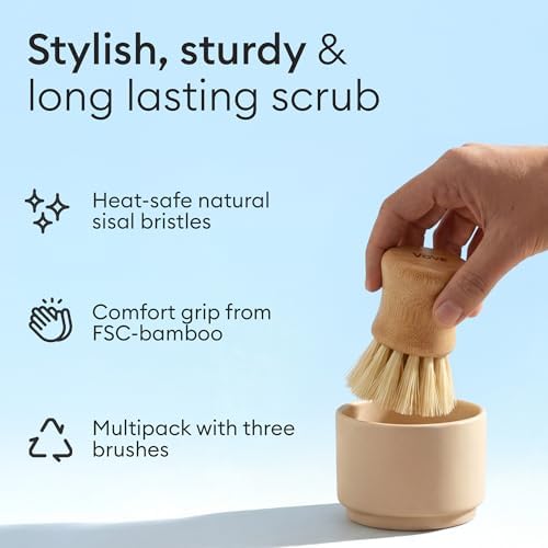 Vove Bamboo Dish Scrub Brush Set 3-Pack, 2 Hard and 1 Medium Brushes
