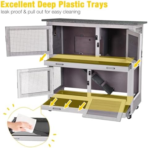 Aivituvin Rabbit Hutch, Indoor Bunny Cage with Run Outdoor Rabbit House with Two Deeper No Leak Trays - 4 Casters Include (Grey)