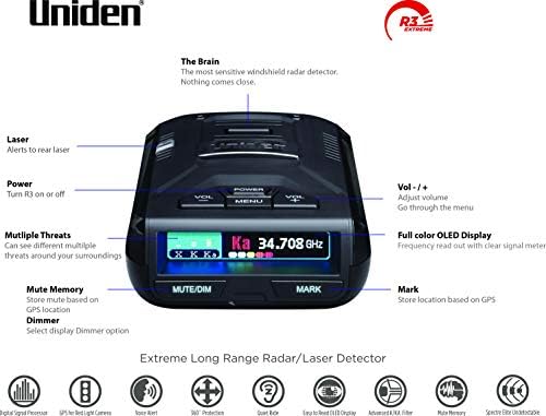 Uniden R3 (Renewed) Extreme Long Range Radar Laser Detector, GPS, 360 Degree, Voice Alerts, Red Light & Speed Camera Alerts, Multi-Color OLED