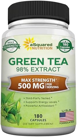 aSquared Nutrition Green Tea Extract with EGCG – 180 Capsules – 500mg per Capsule – 75% Polyphenols, 45% EGCG – Antioxidant Support