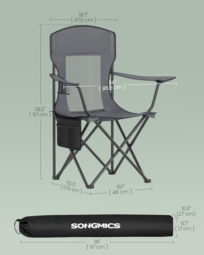 SONGMICS Camping Chair, Folding Oversized Chair, Comfortable and Heavy-Duty, 352 lb Weight Capacity, Adjustable Armrests with Cooler Bag, Storage Bag, Breathable Mesh, Bijou Blue UGCB060Q01