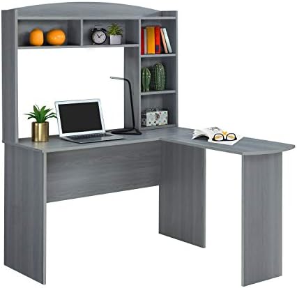 Techni Mobili Modern L-Shaped Desk with Hutch, Grey