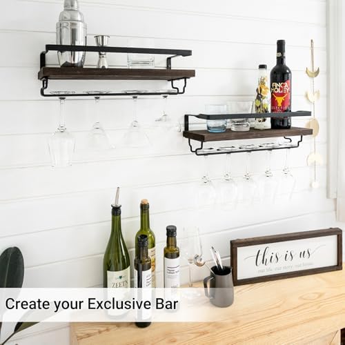 Mkono Wall Mounted Wine Rack Set of 2 Wood Rustic Wine Bottle Glass Floating Shelves with Stemware Hanger Modern Plants Photos Wine Display Storage