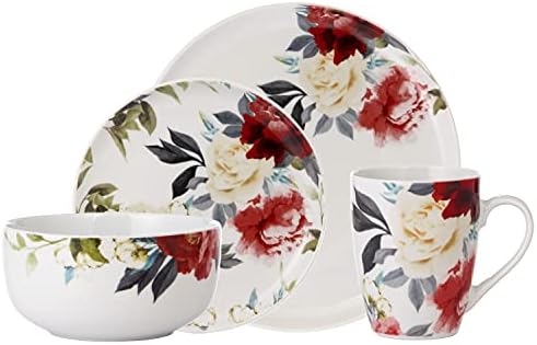 Safdie & Co. Rose Garden 16 Piece Dinnerware Set, Service for 4, Fiesta Dinnerware, plates and bowls sets, network essentials, Porcelain dinner plates