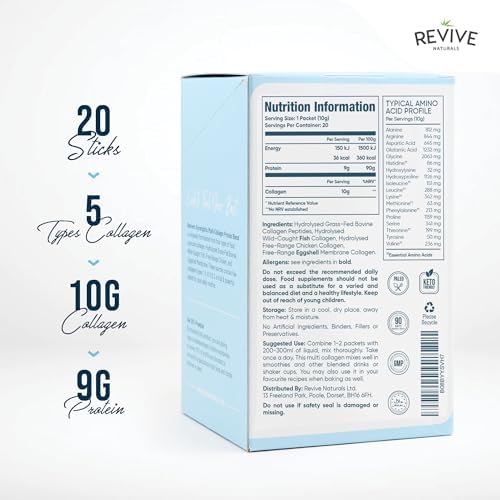 Revive Naturals Multi Collagen Hydrolyzed Protein Powder (16oz) - Types I, II, III, V & X - Grass Fed Bovine, Wild Caught Marine, Free Roaming Chicken & Eggshell Collagen Peptides,