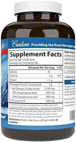 Carlson Super Omega-3 Gems + CoQ10, 1200 mg, Omega-3s, 60 Softgels | 200 mg CoQ10; Norwegian; Wild Caught; Sustainably Sourced