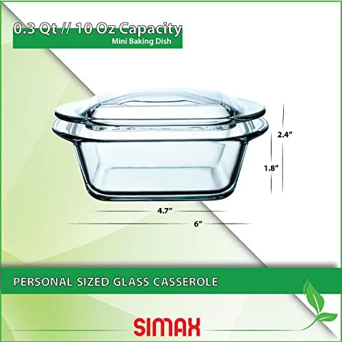 Simax Casserole Dish For Oven, 10 Ounce Mini Glass Baking Dish With Lid, Small, Personal Sized Bakeware and Cookware, Great for Storage, Microwave
