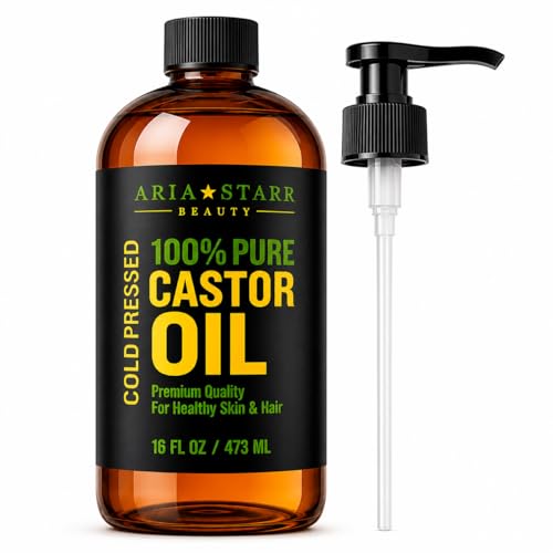 Aria Starr Castor Oil Cold Pressed - 16 FL OZ - 100% Pure Hair Oil For Hair Growth, Face, Skin Moisturizer, Scalp, Thicker Eyebrows And Eyelashes
