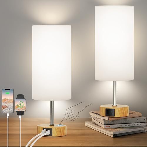 ROTTOGOON 12.8" Touch Control Table Lamp, 3-Way Dimmable Small Bedside Nightstand Lamp with 2 USB Ports
