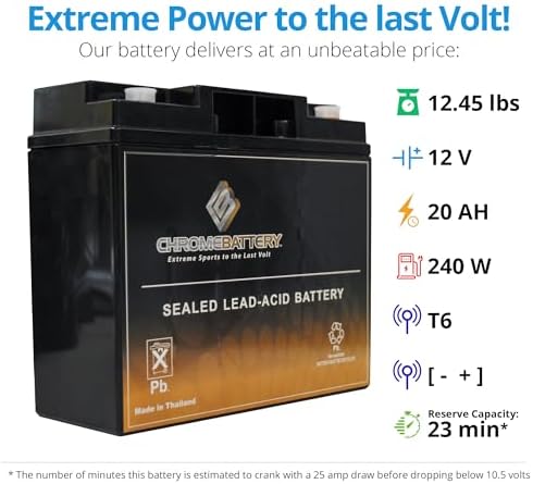 CB CHROMEBATTERY 12V 20AH T6 Maintenance-Free Battery for Alarm Systems, Scooters, Toys, Emergency Lights, and More - Threaded (T6) Terminal