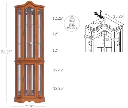 BELLEZE Lighted Corner Display Curved Top Curio Cabinet Wooden Shelving Unit with Tempered Glass Door