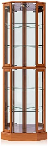 BELLEZE Lighted Corner Display Curio Cabinet Wooden Curved Shelving Unit with Tempered Glass Door