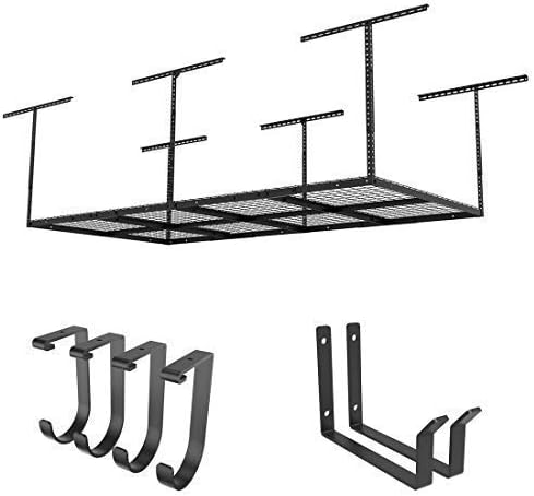 FLEXIMOUNTS 4x8 Overhead Garage Storage Rack with Hooks, Black