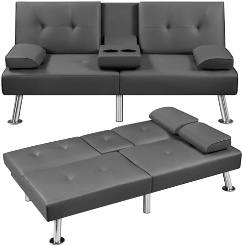 Yaheetech Convertible Futon Sofa Bed Loveseat with Cup Holder, Black