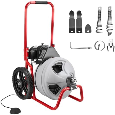 VEVOR Drain Cleaner Machine 50 FT x 5/16 Inch, Sewer Snake Auger with 228RPM Electric Drill, Manual Feed Drain Cleaning Machine with 6 Cutters & Air-activated Foot Switch for 2" to 4" Pipes