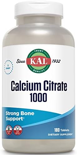 KAL Calcium Citrate 1000mg, Calcium Supplements for Women and Men, Bone Health, Teeth, Nervous, Muscular & Cardiovascular System Support, Gluten Free and Lab Verified, 60 Servings, 180 Tablets | Bone, Teeth, Muscle & Heart Support - Chelated Calcium Citr…
