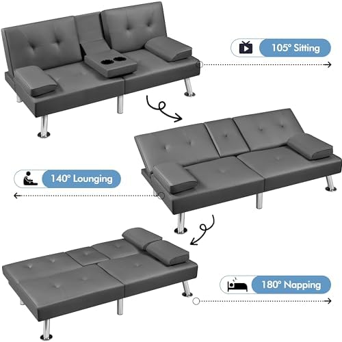 Yaheetech Convertible Futon Sofa Bed Loveseat with Cup Holder, Black