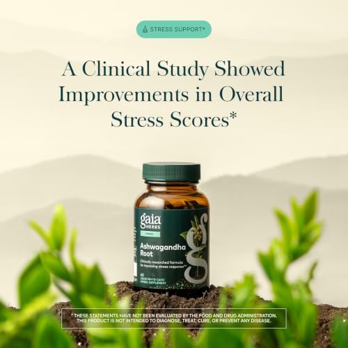 Gaia Herbs Ashwagandha Root 350 mg - Supports Balanced Energy Levels & Positive Outlook*- Supports Healthy Cortisol Balance* - 60 Vegan Liquid Phyto-Caps (30 Servings)