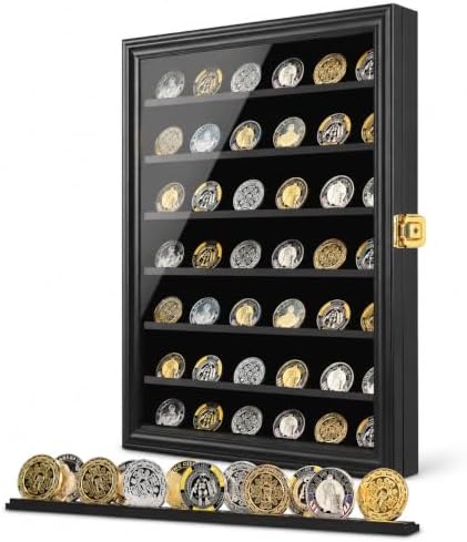 Jinchuan Military Challenge Coin Display Case Lockable Cabinet Rack Holder Shadow Box with Removable 2 Grooves Shelves and Anti Dust Door for Casino